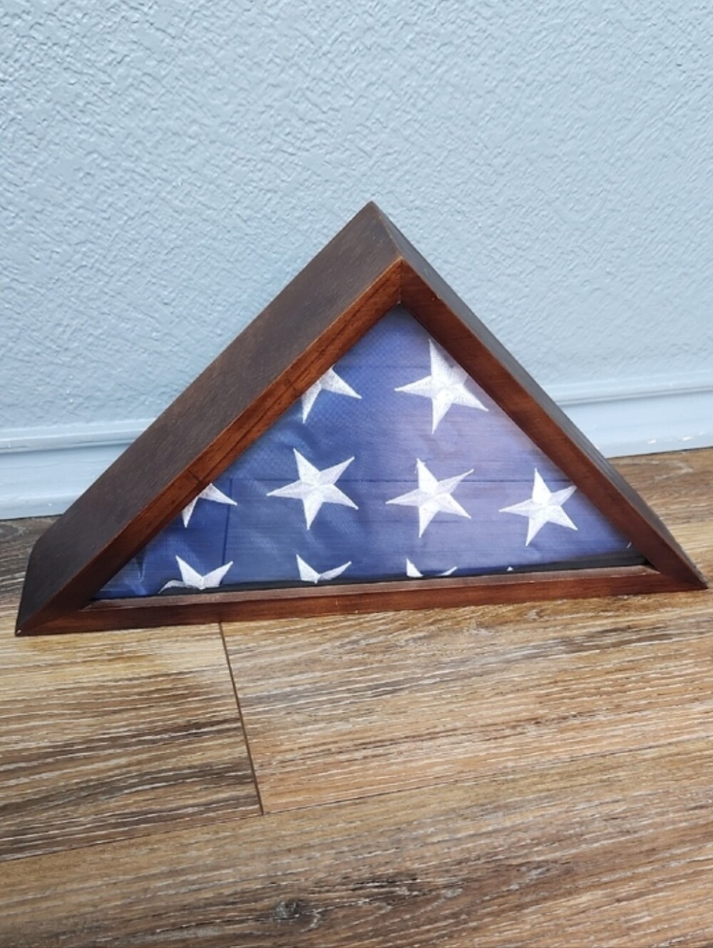 American Flag In Brown Wood Display Case